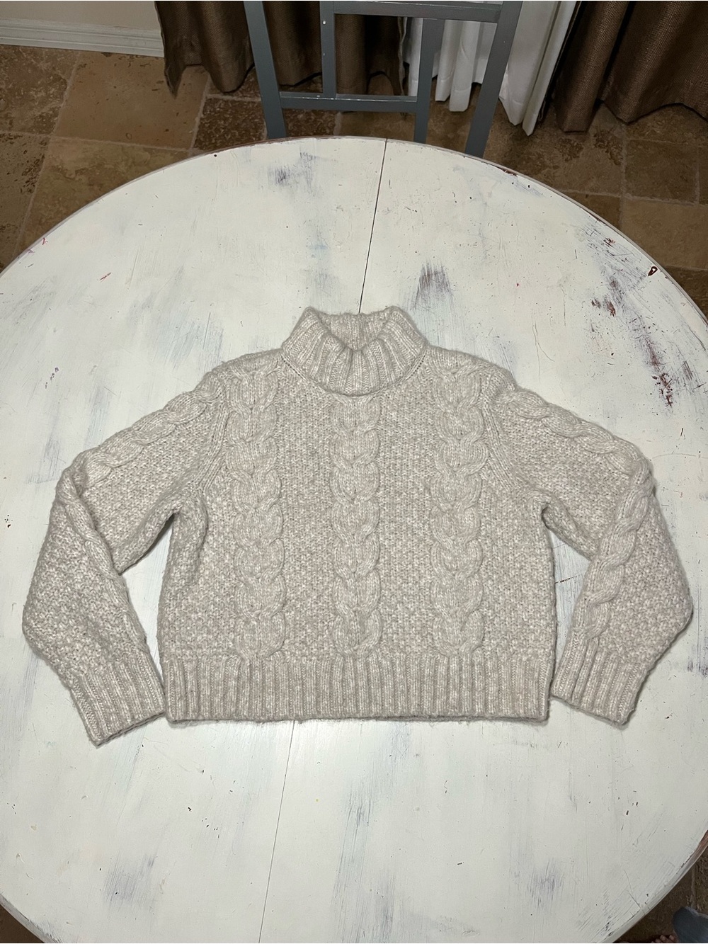 American Eagle Chunky Cable Knit Mock Neck Sweater Women’s L Some Wool Cozy